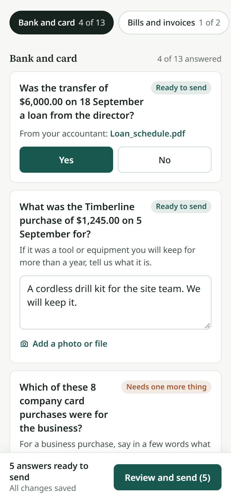 The client's request page with an answer chosen