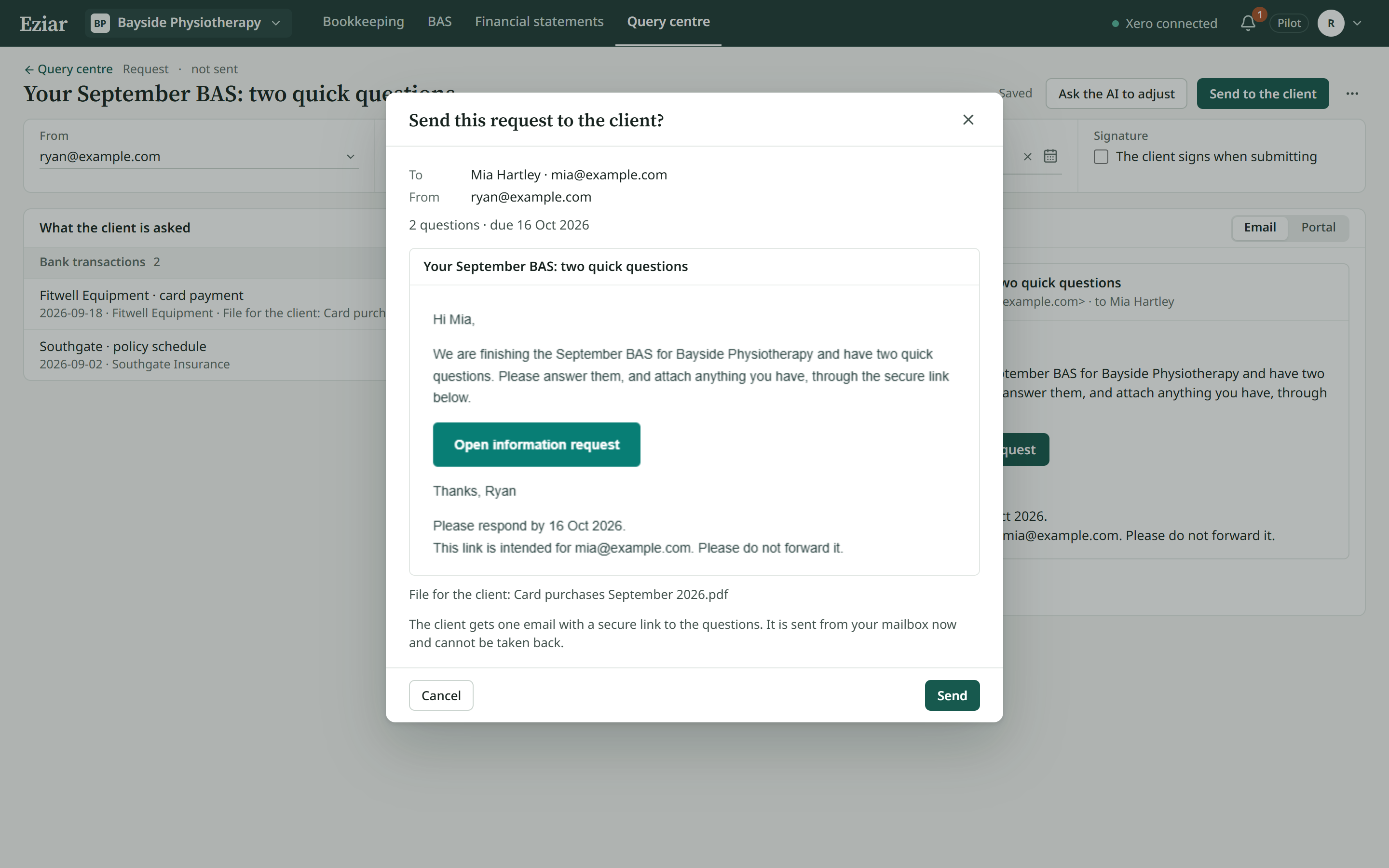 The send dialog: to, from, the email as it will arrive, Cancel and Send