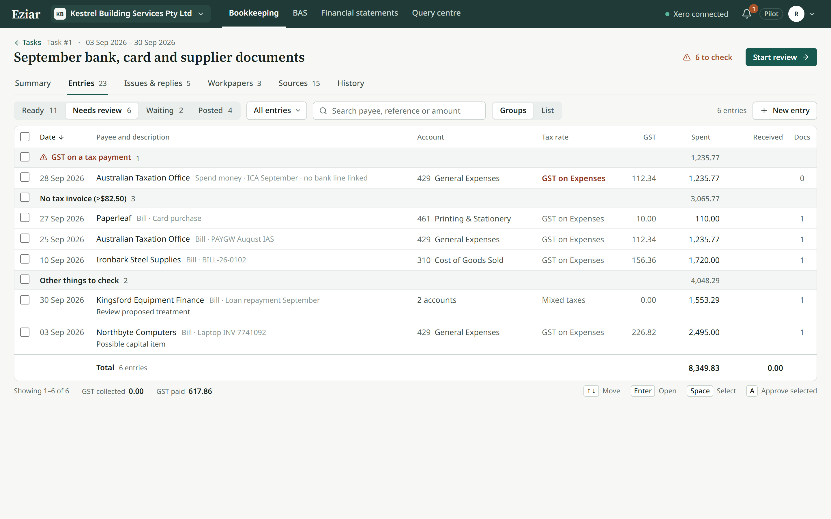 A task page with entries grouped by what needs review